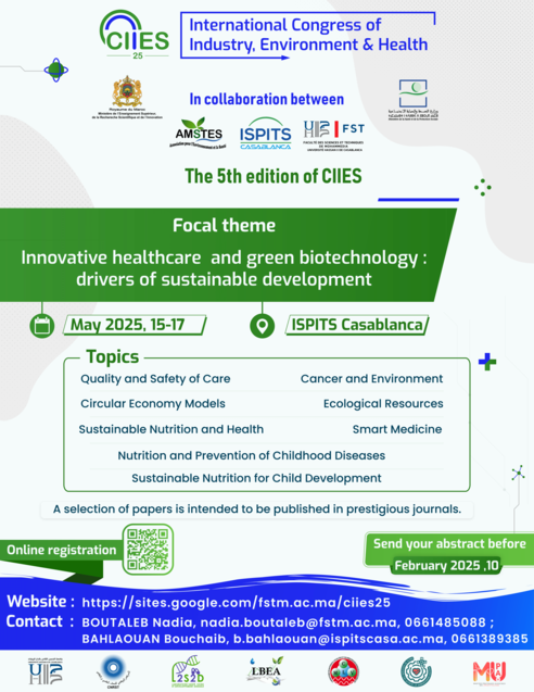 Cover image of the Supplementary Issue of NBSEH publishing the Proceedings of the 5th International Congress on Industry, Environment and Health (CIIES25), Casablanca, Morocco, 15–17 May 2025. The focal theme is "Innovative healthcare and green biotechnology: drivers of sustainable development