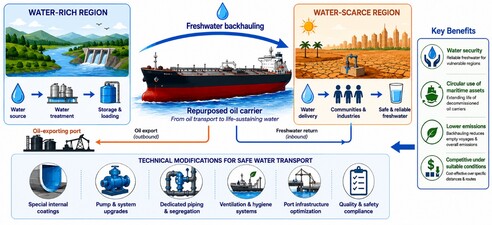 Freshwater scarcity is an increasing global challenge, and repurposing decommissioned oil carriers for freshwater transport could provide a scalable and flexible solution to redistribute water between water-rich and water-scarce regions. This approach requires engineering modifications, dedicated infrastructure, and optimized operational strategies to ensure safe, efficient, and reliable water transport. Economic comparisons with desalination identify the conditions under which maritime freshwater transport becomes competitive, offering a practical framework for strengthening global freshwater resilience